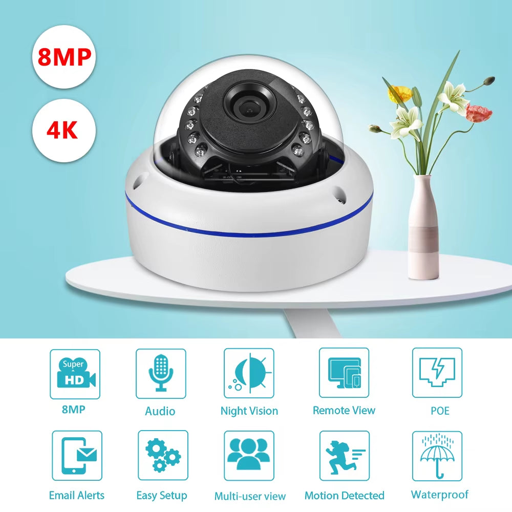 Gadinan 8MP 4K IP Camera POE CCTV Security Cameras H.265+ Outdoor Waterproof Dome Metal Audio Video Surveillance for NVR System
